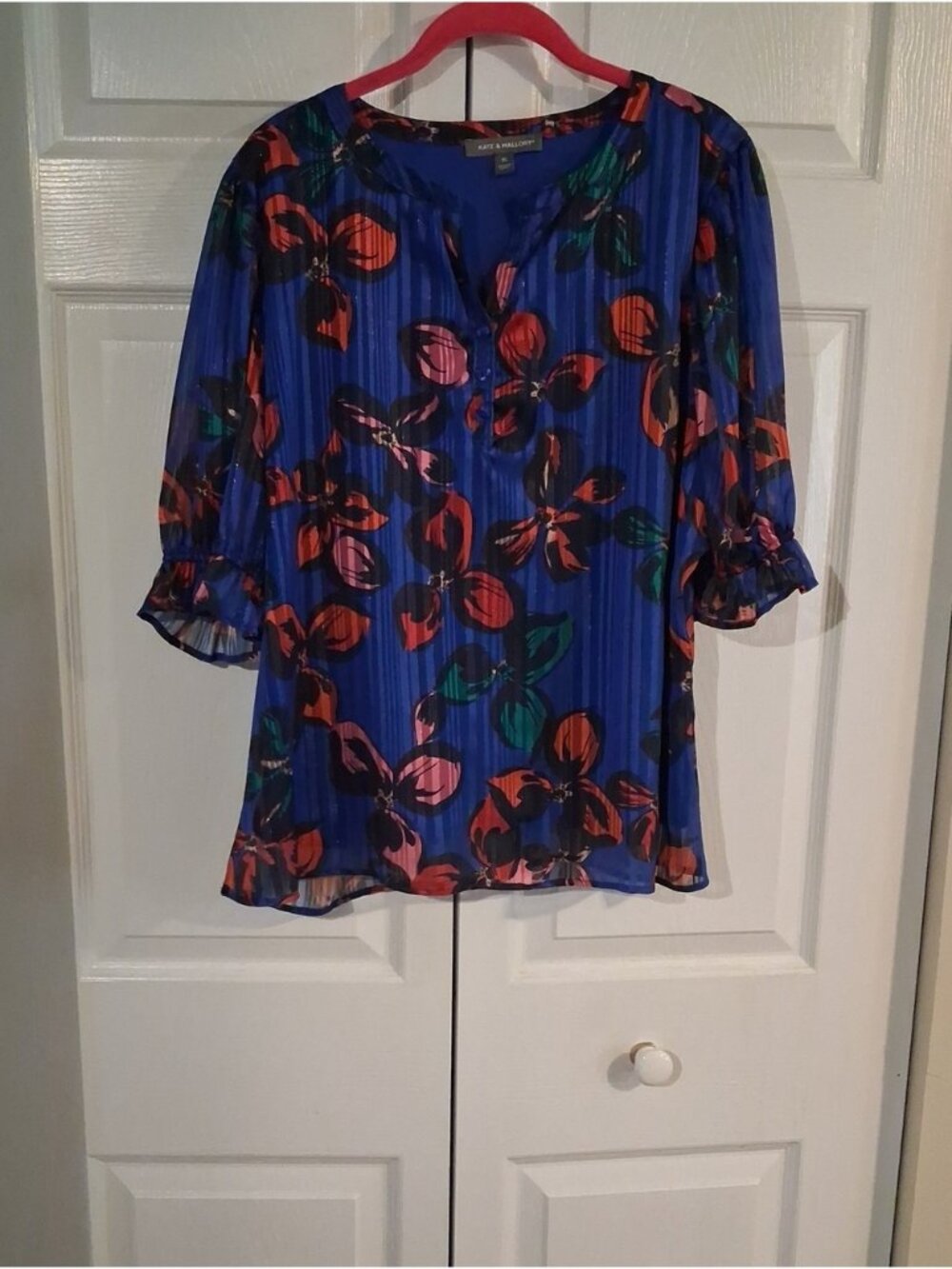 Royal Blue Lined Blouse with Red & Green Floral Print